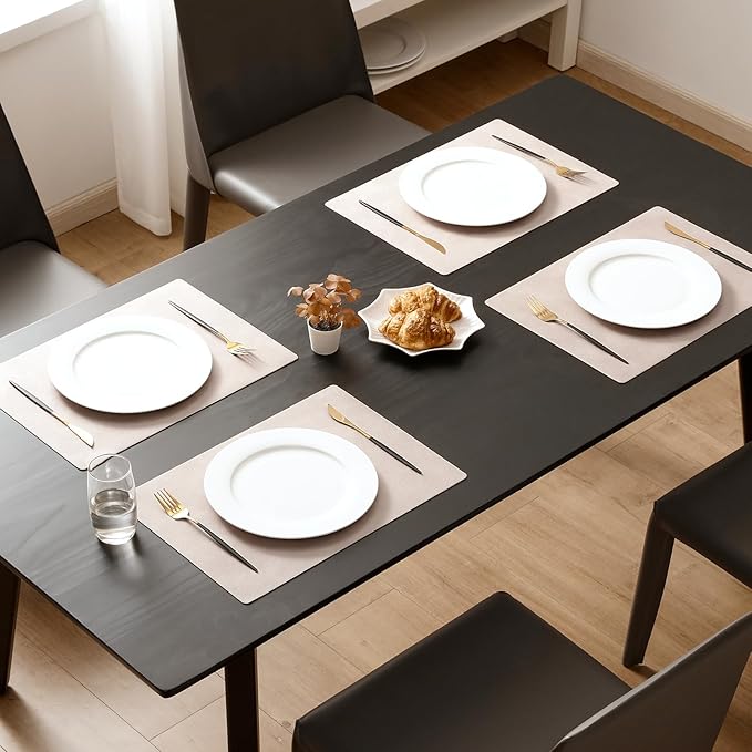 MOSAYT Vinyl Placemats Set of 8-12 X 17 Inch - Faux Leather 100% Waterproof Oil-Proof Wipeable PU Place Mats, Heat Resistant Reversible Table Mats for Kitchen, Dining, Outdoor (Beige)