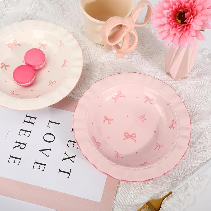 JarThenaAMCS 2Pcs Pink Bow Ceramic Dish White Pink Bow Tie Dinner Plates Cute Coquette Salad Appetizer Plates for Holding Necklaces Earrings Bracelets Decorative Plate Home Restaurant Table Decor