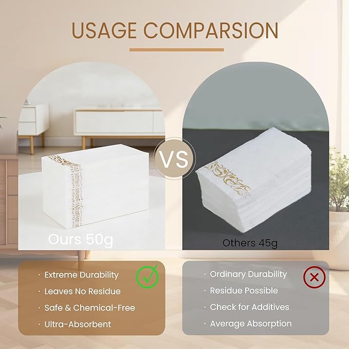 200 Pack Disposable Paper Napkins, Linen-Feel Paper Hand Towels, Elegant White Napkins with Gold Design for Kitchen, Wedding, Parties, Dinners or Events (12" x 17")