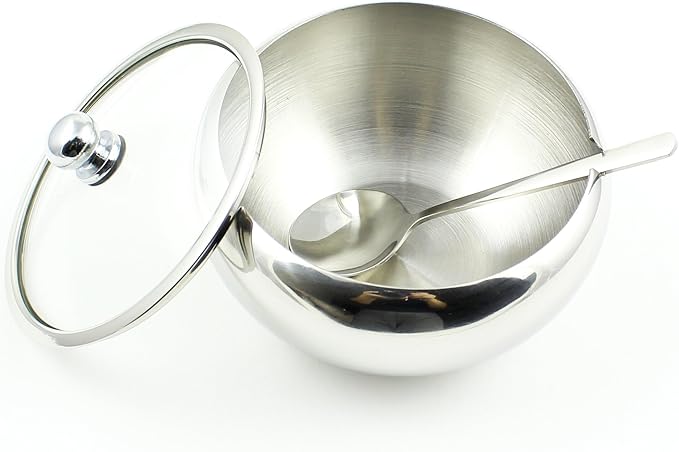 Zoie + Chloe Stainless Steel Sugar Bowl with Glass Lid - Bonus Spoon - 2 Cup Capacity (500ml)