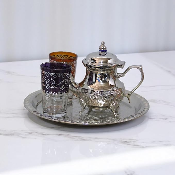 Moroccan Tea Tray Serving Cocktail Silver Handmade Fez Small Or Large Round (9/11/13/15 Inches) (9 Inches)