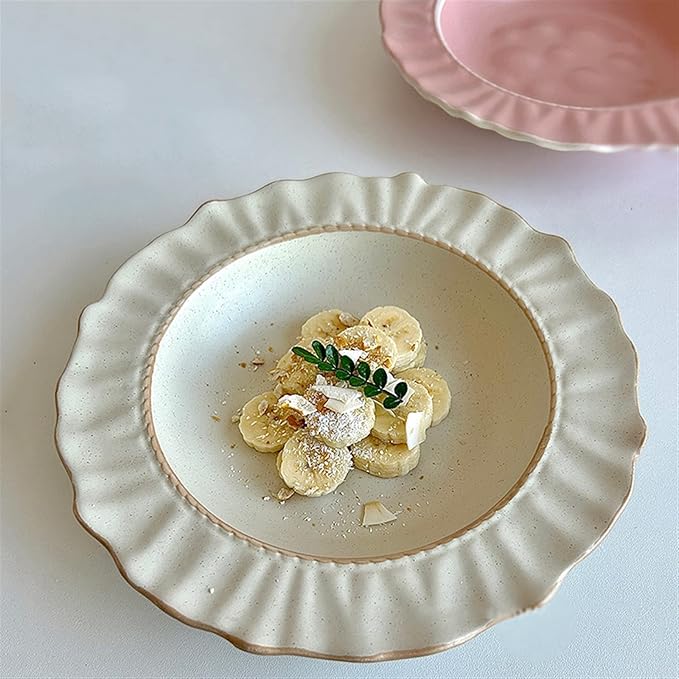 Ceramic cutlery Ceramic Lace Dining Plate Home Dinner Deep Plate Restaurant Cafe Dessert Plate Salad Disc Solid Color Flat Plate Simple Ceramic Disc Home dining plate (Color : Beige)