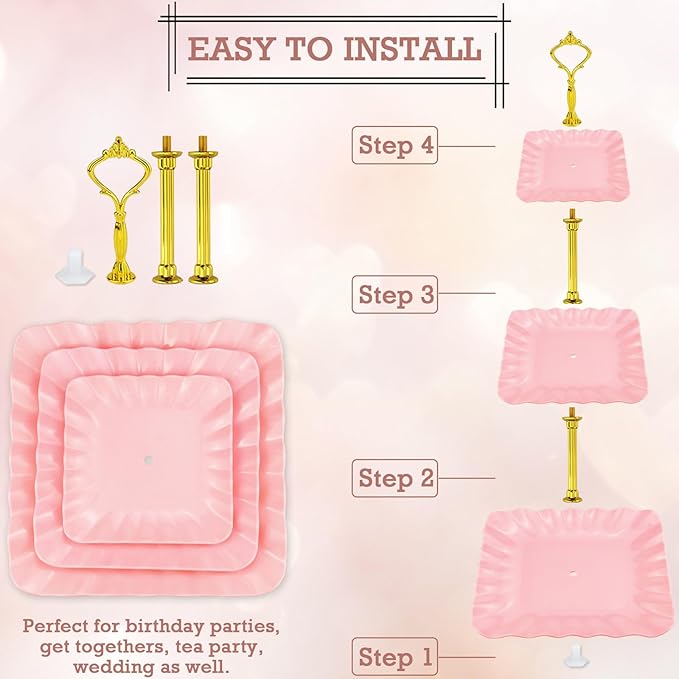 5 Pcs Dessert Table Display Set, Pink Cupcake Stand Set with 2xSquare 3-Tier Cake Stands Holder + 3X Appetizer Trays Suitable for Birthday Wedding Tea Party Baby Shower (Wave Square)