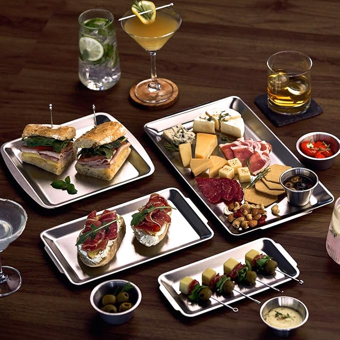 SUS304 Stainless Steel Serving Platters, Rectangle Metal Dinner Plate with Handles, Decorative Tray, Lightweight, Cheese Board, Oven Safe (10.43 x 5.91 inches)