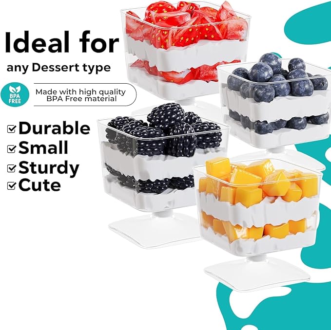 Exquisite Mini Dessert Cups With Spoons 200 Pcs - 2 Oz Square Clear Plastic Pudding Cups Disposable With Tasting Spoons 100 Sets | Mini Parfait Cup | Appetizer Cup For Party & Events