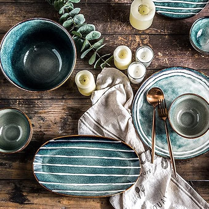 Retro Style Dinnerware Sets, Striped Art Style Plate and Bowl Sets, Japanese Ceramic Dishware Sets, Kitchen Plate Set for 4, 5, 6 People, Dishwasher and Microwave S (White 30Pcs)