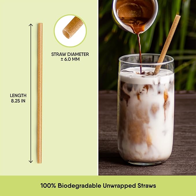 – 100 PCS of 8.25 Inches Unwrapped Biodegradable Straws – Made of Vegetable Fibers, Best Environment Friendly Drinking Straws for Hot and Cold Beverages