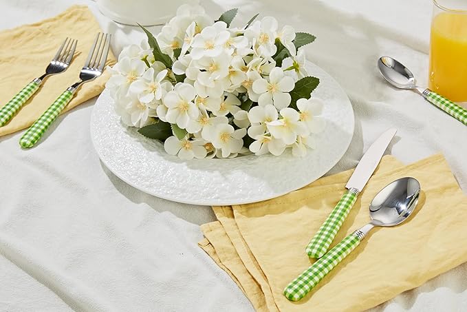ANNOVA Silverware Set Stainless Steel Colorful Tableware Kitchen Flatware Set Utensils, Includes Dinner Knives, Forks, Spoons, Salad Forks & Dessert Spoons (Green/Checkered, 20 Pieces)