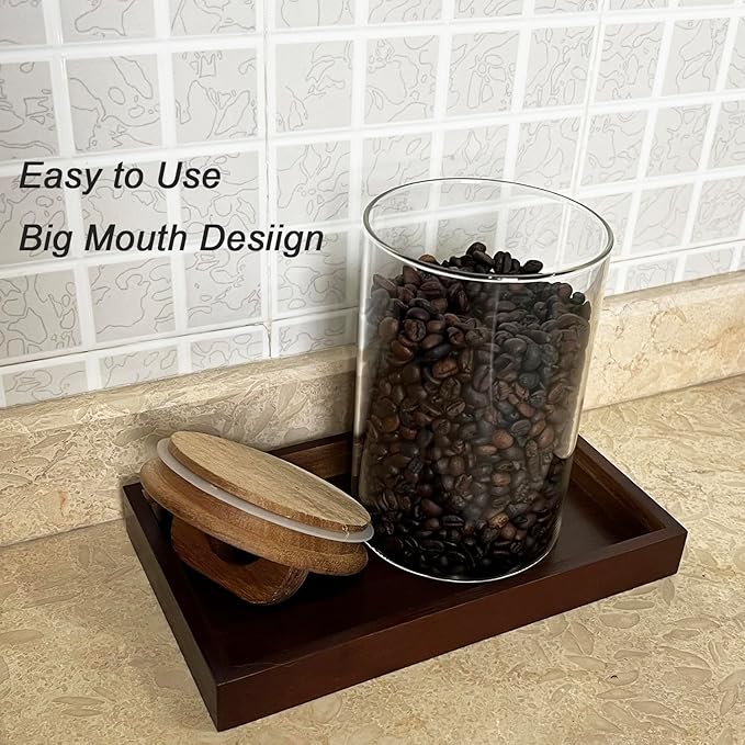 Glass Kitchen Canisters with Airtight Acacia Wooden Lid, Airtight Food Storage Jar with Handle,Canisters for Bathroom Decor with Vanity Tray (2, Brown Wooden Lid, 33 oz)
