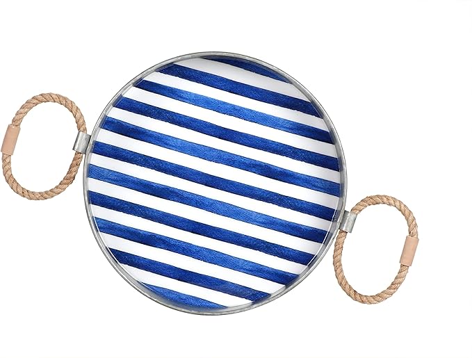 Round Serving Tray – Santorini Collection Set of 2 Decorative Trays – Blue and White Ottoman Tray with Natural Jute Handles – Galvanized Iron Trays for Coffee Table, Liquor Display, Decor