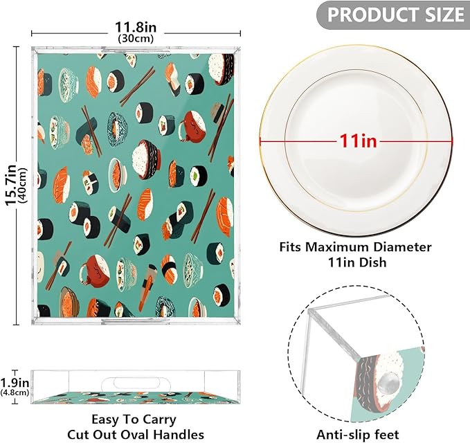 Serving Tray with Handles Clear Acrylic Tray 12x16 Inch Decorative Rectangular Tray Organizer for Ottoman Coffee Table Bathroom Teal Sushi