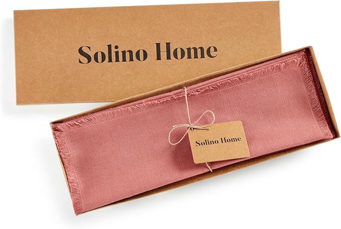Solino Home Fringe Linen Placemats Set of 4 - Dusty Rose Placemats 14 x 19 Inch - 100% Pure Linen Table Mats