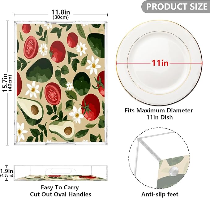 Serving Tray with Handles Clear Acrylic Tray 12x16 Inch Decorative Rectangular Tray Organizer for Ottoman Coffee Table Bathroom Avocados Tomatoes Floral Leaves Beige