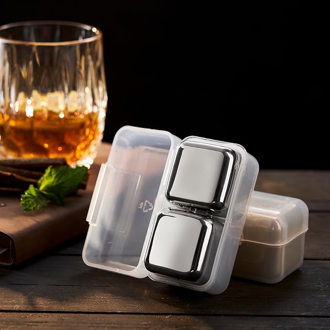 4 Large Whiskey Stones 64 cm³ (4 cu in) - Man Gift Set - Reusable Stainless Steel Metal Ice Sphere Cubes Beverage Chilling Rocks Whiskey Stones for Red Wine, Bar Beer, Scotch - Gold and Silver