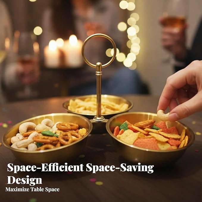 Snack Serving Bowl Divided Serving Tray Chip Dips Serving 3 Section Snack Stand with Bowls for Candy Dessert Fruit Sauce Dips, Gold