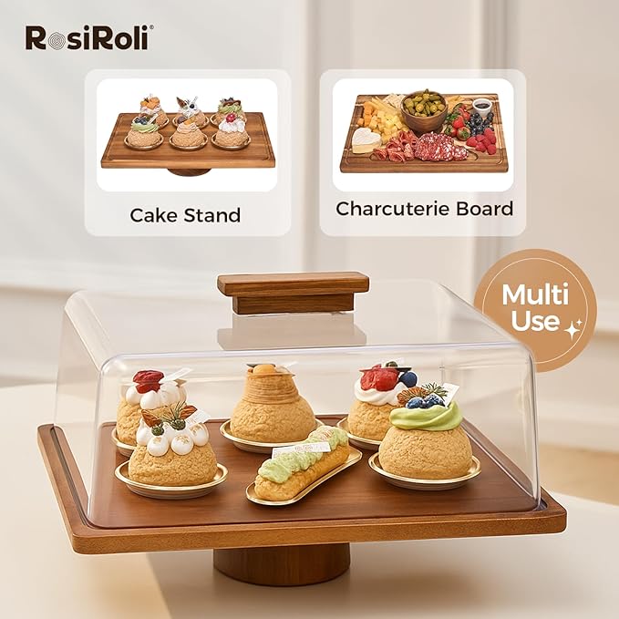 Acacia Wood Cake Stand with Lid –2-in-1 Rectangular Charcuterie Board & Dessert Display, Shatterproof Acrylic Dome Cover for Freshness, Serving Platter for Parties, Weddings, Birthdays, Gifts