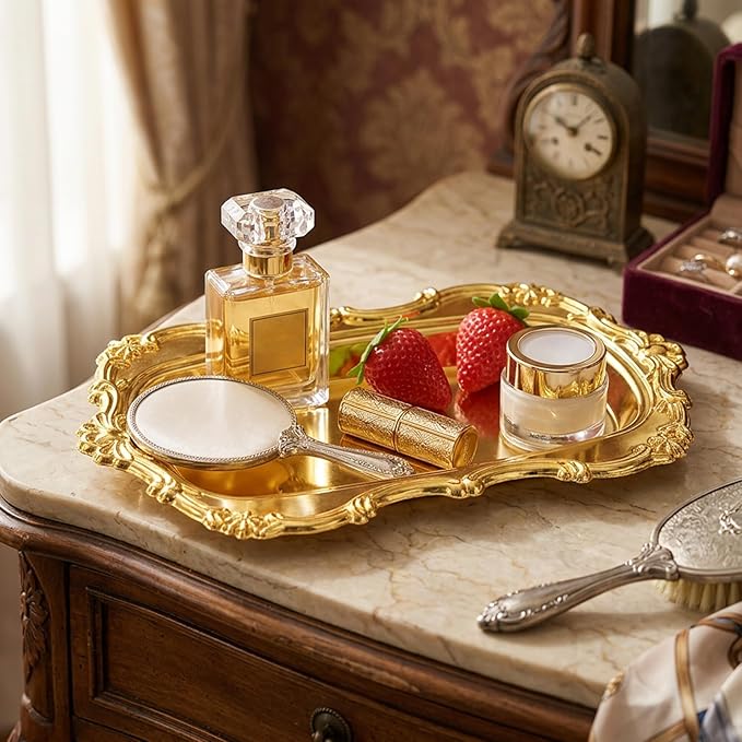 Metal Serving Tray, Gold Vanity Tray with Vintage Edge for Jewelry, Perfume, Snacks and Dessert Display, Serving