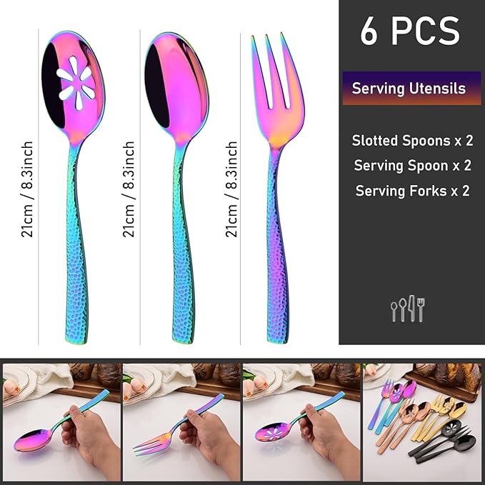 6 PCS Hammered Serving Utensils, Uniturcky Stainless Steel Serving Spoons Set, Square and Thick Hostess Serving Set, Includes 2 Serving Spoon 2 Serving Fork and 2 Slotted Spoon, Mirror Rainbow