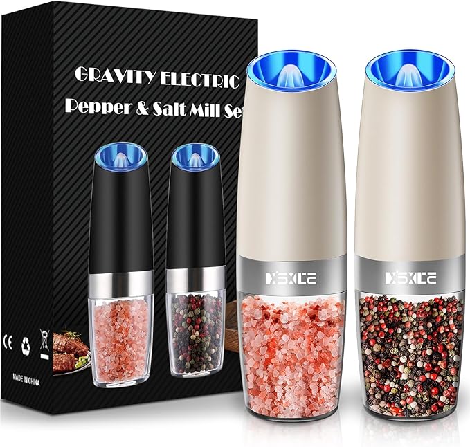 XinXu Gravity Electric Pepper and Salt Grinder Set, Adjustable Coarseness, with LED Light, One Hand Automatic Operation (Set/Khaki X)