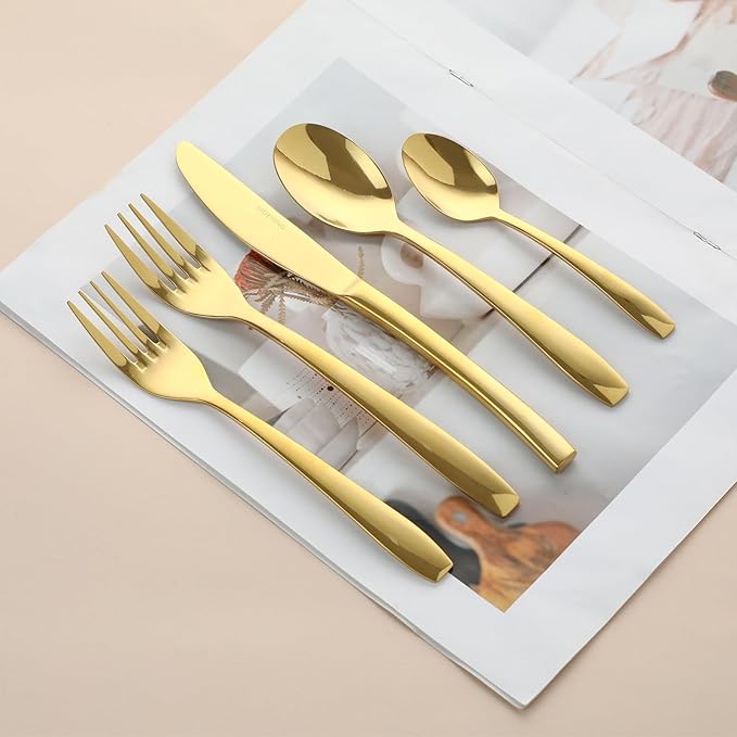 Gold 40 Piece Silverware Set,Stainless Steel Flatware Set for 8,18/0 Rust-Proof Cutlery Set with Forks & Spoons,Mirror Polished Dishwasher Safe - Heavy Duty Tableware for Home & Dining