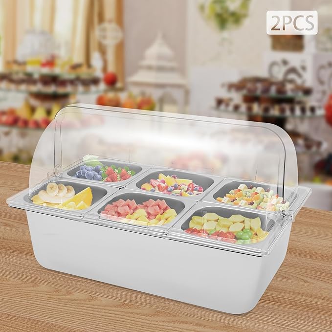 2Pcs 6 Pans Ice Food Serving Display Container w/Clear Roll Top Cover, Stainless Steel Serving Tray Catering Supplies Buffet Display Condiment Dispenser Plate Case for Restaurant Hotel Kitchen