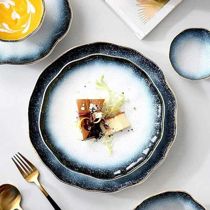 Palace Style Porcelain Dinner Set Plates Bowl Ceramic Dinnerware Set 32 Piece Blue Gradient Snowflake Glaze Porcelain Dish Cereals Bowl Tableware Set