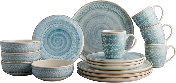 Corona Dinnerware Set 16– piece, Plates Bowls and Mugs Set, Ceramic Sets for 4, Microwave and Dishwasher Safe, Congo Etnic Design