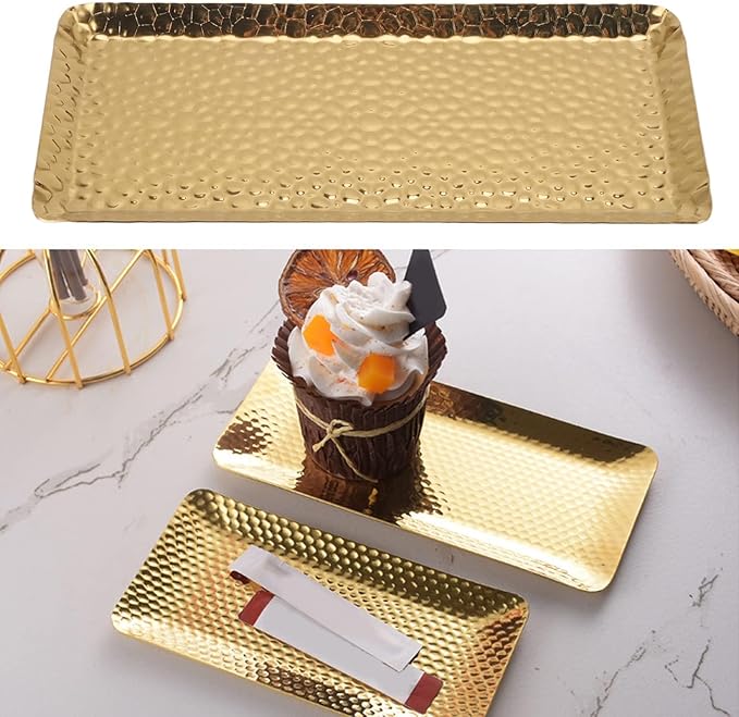 Stainless Steel Rectangle Tray, Gold Hammered Decorative Luxe Serving Platter and Platters for Appetizers, Desserts & Home to Hotel Decor ﻿