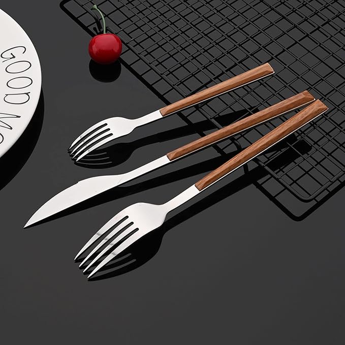 JASHII Silver Stainless Steel Cutlery Sets of 4, with Wooden Wide Square Handles, Dinner Spoons, Knife and Fork Set, Flatware Set Tableware Dinnerware, 20 pieces