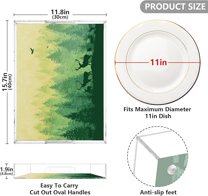 Serving Tray with Handles Clear Acrylic Tray 12x16 Inch Decorative Rectangular Tray Organizer for Ottoman Coffee Table Bathroom Gradient Yellow Green Deer Herd and Birds