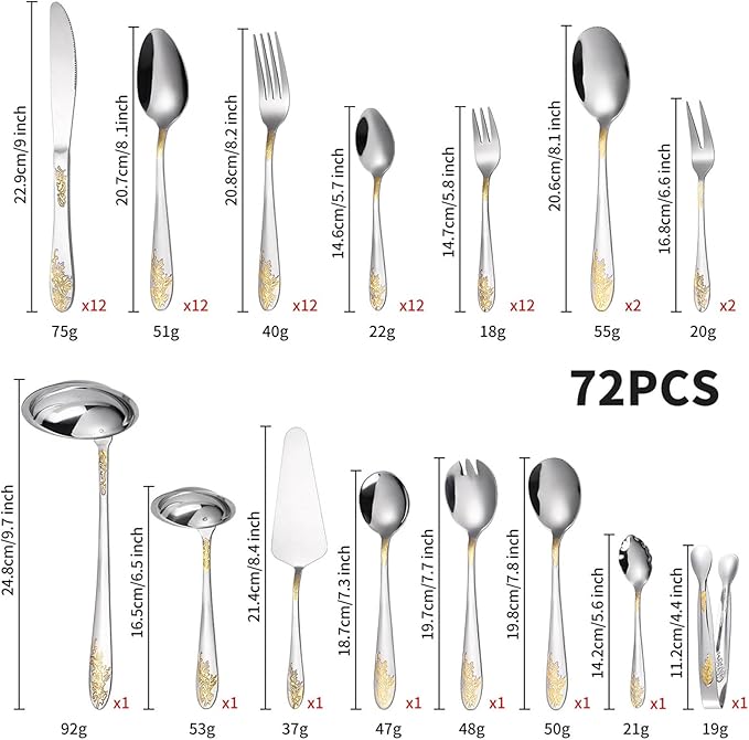 72/84 PCS Luxury Flatware Set, in a Flatware Organizer for Drawer, Silverware Flatware Serving Set for 12 with Gold Accents for Formal Events, Parties(D,72pcs)