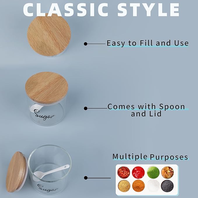 HAOTOP Clear Glass Condiment Pots with Spoon Wooden Lid and Silicone Sealing, Farmhouse Container Jar Dispenser Holder for Home Kitchen,12 oz Labeled Sugar