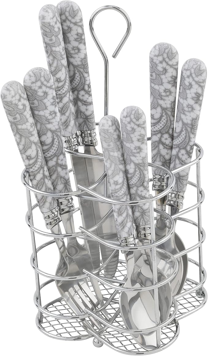 French Home Bistro 16-Piece Stainless Steel Flatware Set — Dinner Cutlery Set — Silverware Set Dishwasher Safe — Spoon & Fork And Knife Set — Modern Silverware Set For 4 (Light Gray & White)