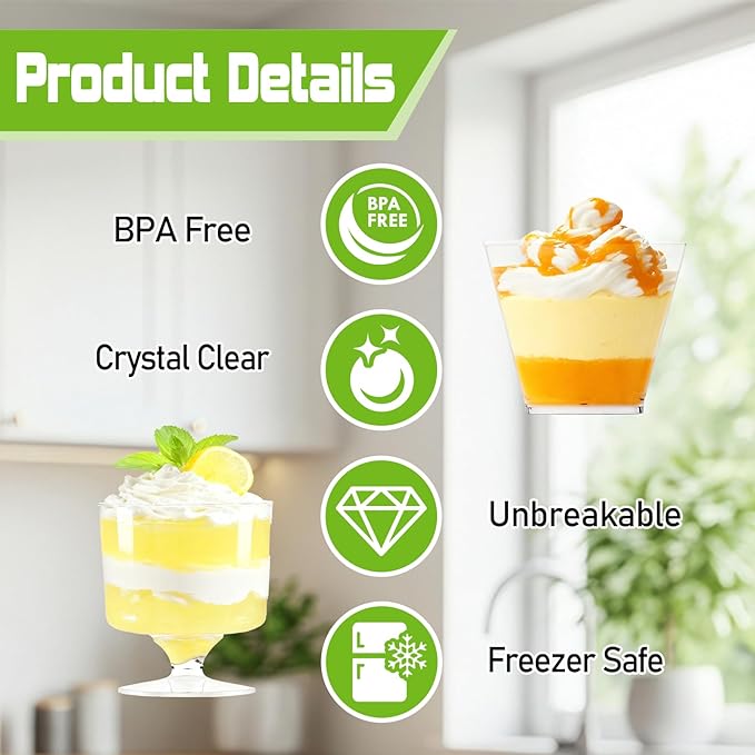 100 Pack 2 oz Mini Plastic Dessert Cups with Spoons, Disposable Clear Goblet Pudding Parfait Jello Shooter Cups Party Serving Bowls, Small Square Tasting Cups for Fruit Trifle Ice Cream Yogurt