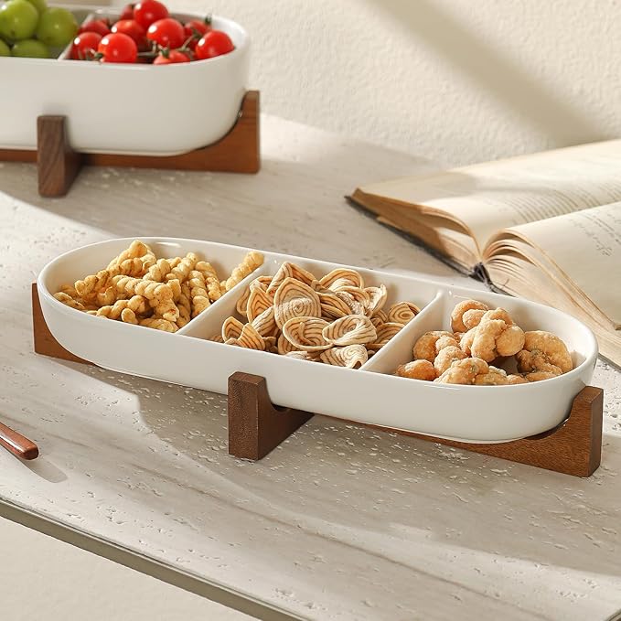 Divided Ceramic Serving Plate with Acacia Wood Base, Appetizers Platter for Home Decor(3-Compartment Plate), 14inch Divided Plate for Snack, Dessert, Fruit, Chip and Dip Serving Set