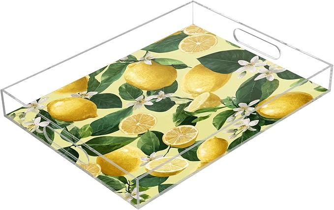 Serving Tray with Handles Clear Acrylic Tray 12x16 Inch Decorative Rectangular Tray Organizer for Ottoman Coffee Table Bathroom Yellow Vibrant Lemons Floral