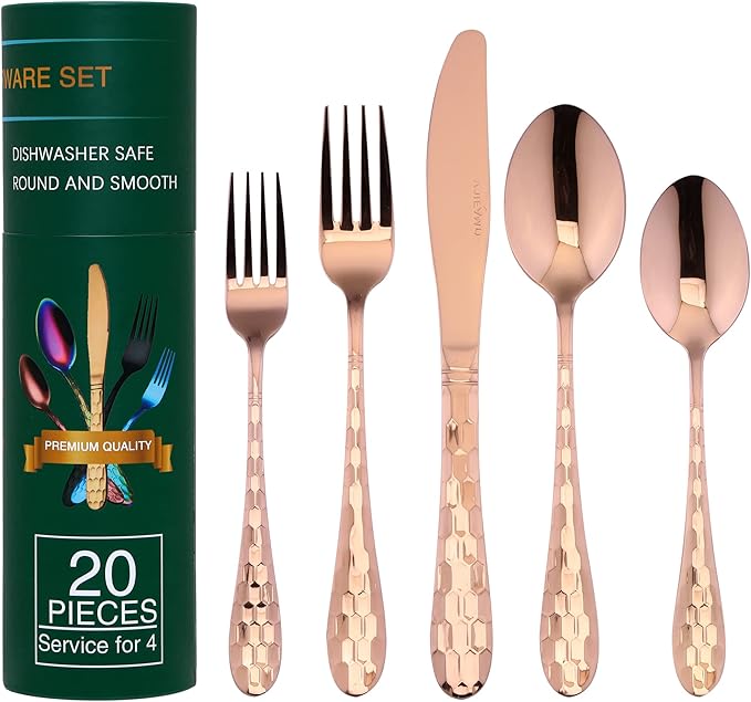 Hammered Silverware Set 20-Piece, 18/10 Stainless Steel Flatware Cutlery Silverware Set Service for 4, Unique Design Knife Fork Spoon Silverware Set, Mirror Polished,Dishwasher Safe (Rose Gold)