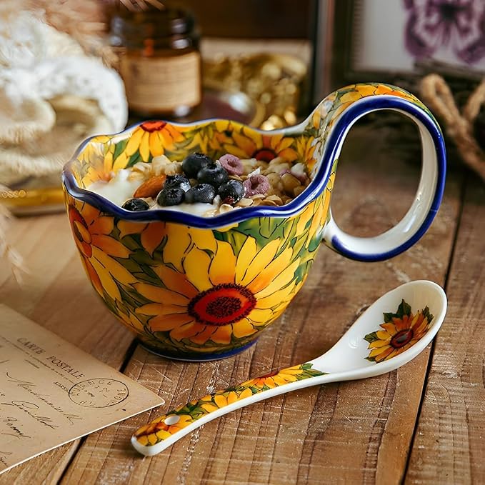 16.91oz/500ml Handpainted Soup Bowl with Handle,Ceramic Cereal Bowl Microwave &Dishwasher Safe,Loop Handle Bowl Great for Soup,Yogurt,Snack,Chip,Stew,Ice Cream,Coffee (Sunflower)
