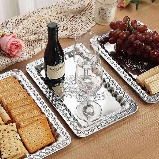 4-Pack Silver Serving Trays Set - ZENOVLUX Swirl Floral Engraved Mirror Decorative Tray, 13.8" x 8.7" Party Platters for Whiskey, Cookies, Charcuterie, Snacks, Desserts, Fruit, Party Food Display