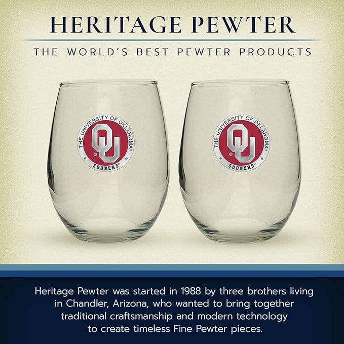 Heritage Pewter Oklahoma Sooners Stemless Glass Goblets – Set of 2 | 15 OZ Goblet Wine Glasses | Expertly Crafted Pewter Glass
