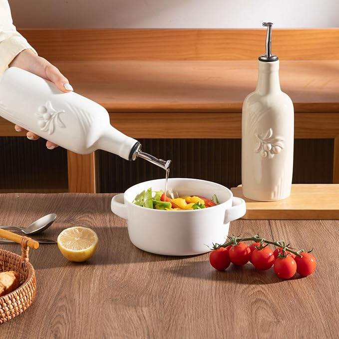 Sweejar Ceramic Olive Oil Dispenser Bottle, 17 FLOZ Oil Bottle with Spout，Porcelain Oil Dispenser for Kitchen,Cooking, Evoo, Vinegar, Soy Sauce, Pack of 1 (White)