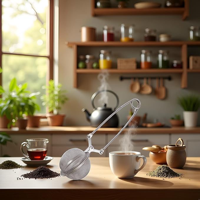 Silver Snap Ball Tea Strainer with Handle,Tea Strainer Ball Stainless Steel Tea Infuser Filter for Loose Leaf Tea Spices Seasonings Kitchen and Dining (Large)