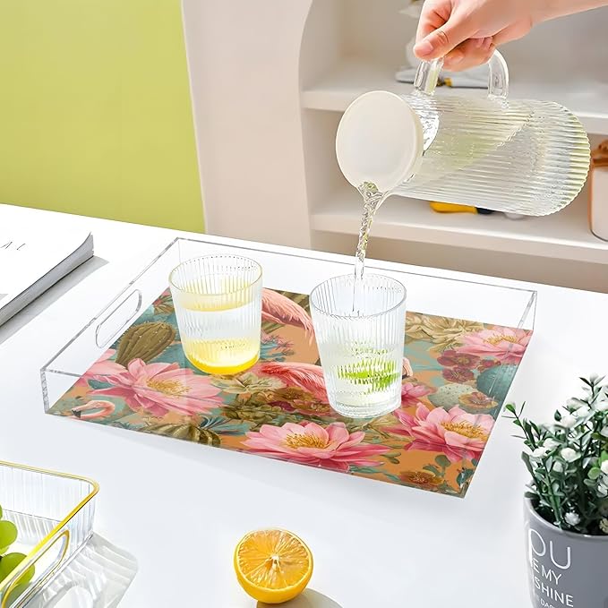 Serving Tray with Handles Clear Acrylic Tray 12x16 Inch Decorative Rectangular Tray Organizer for Ottoman Coffee Table Bathroom Orange Flamingos and Green Cactus Flowers