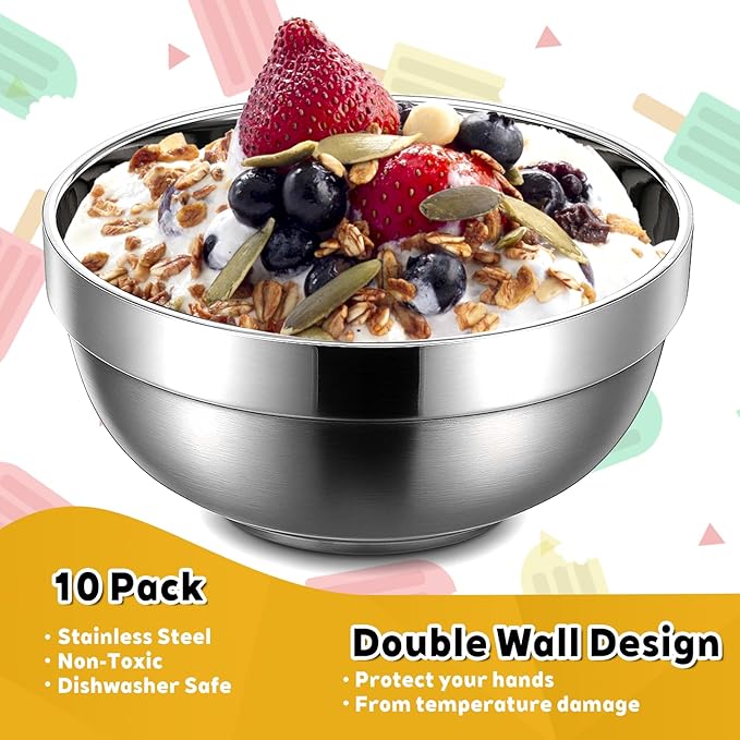 Giantree 10 Pack Stainless Steel Bowls 5 Inch Snacks Bowl, 15 Oz Soup Bowl Salad Bowls Lightweight Kids Bowls Double-walled Metal Serving Dishes for Sauces, Rice, Noodle, Ice Cream
