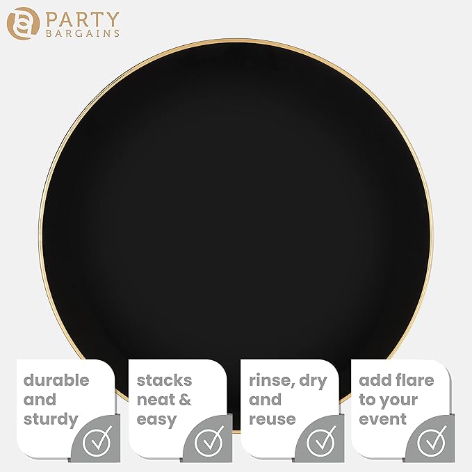 PARTY BARGAINS 13-Inch Charger Plates - 48 Pack, Organic Collection Black Gold Rim, Heavy-Duty Disposable Chargers for Elegant Dining - Ideal for Weddings and Formal Events