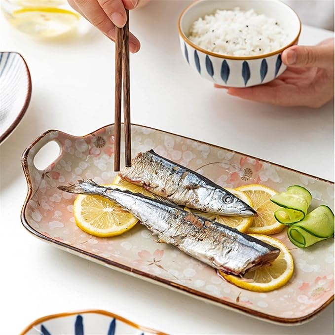 SONGCHAO Party Supplies Creative Binaural Handle Ceramic Plate Kitchen Rectangular Plate Home Kitchen Western Food Plate Dessert Plate Party Plates (Color : D)