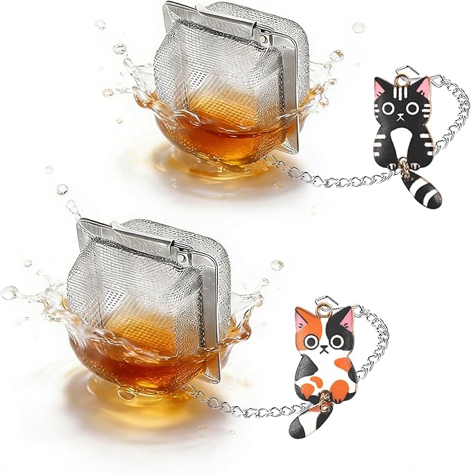 Cat Tea Infuser Set, 2PCS Cubic Loose Leaf Tea Steeper Reusable Stainless Steel Mesh Bags, Cute Tea Strainer with Wagging-Tail Cat Charms (Tuxedo & Calico)