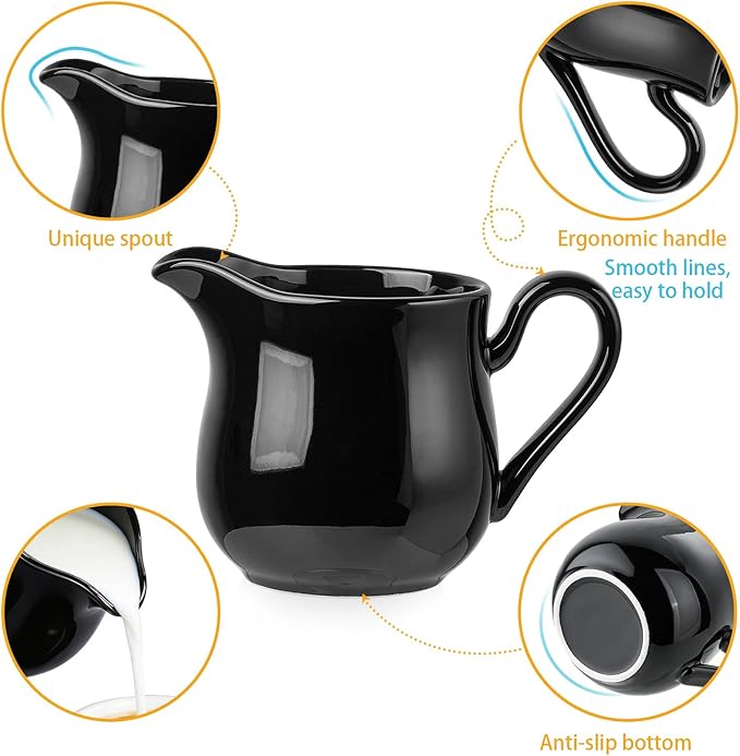 12 OZ Ceramic Sugar and Creamer Set, Coffee Serving Set, 5 Piece Cream Pitcher Sugar Bowl with Lid and Spoon (Black)