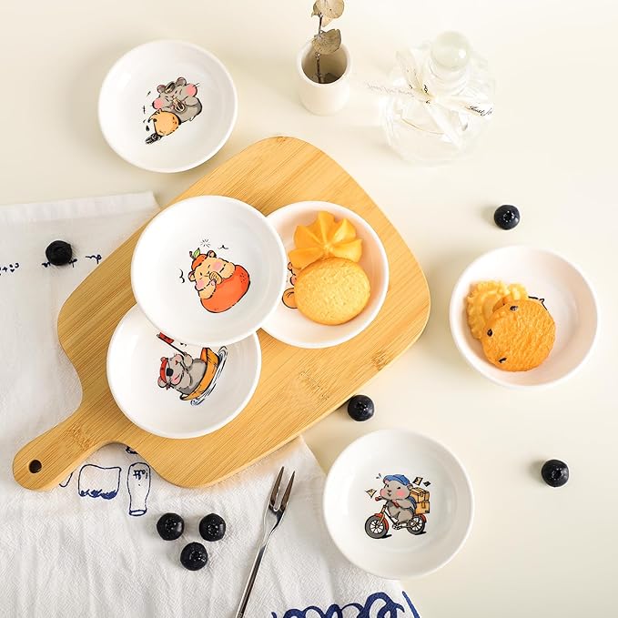 SOCOSY Super Cute Cartoon Animals Ceramic Sauce Dishes, Seasoning Dishes, Little Cat Dog Bird Feeding Bowls, Sushi Soy Dipping Bowls, Appetizer Plates, Dessert Plates-Busy Hamster-3.5 Inch