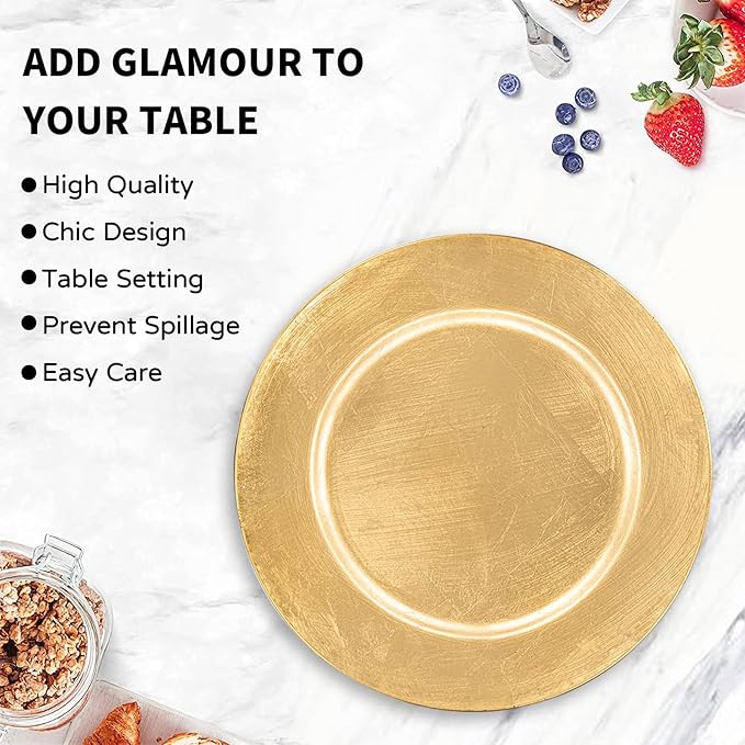MAONAME Foil Gold Charger Plates Set of 6, 13" Plate Chargers for Dinner Plate, Plastic Round Chargers for Table Setting, Wedding Bulk